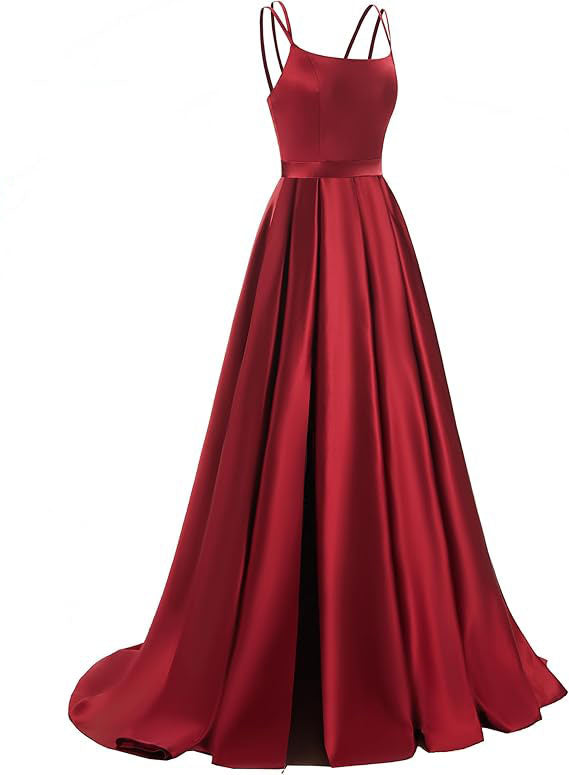 Satin Prom Dresses Long Ball Gown  A Line Spaghetti Straps Pleated Formal Evening Dress